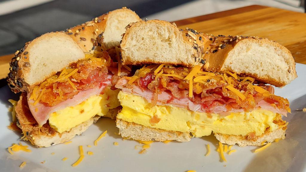 H.E.B Sandwhich · Cheddar, Ham, Egg, and Bacon sandwich with mayo on a an everything bagel