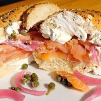 Salmon Bagel Sandwich · Smoked salmon, cream cheese, capers, red onions, everything bagel seasoning.