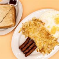 Sausage Breakfast · 4 sausage links, 3 eggs, choice of a breakfast side, and a bread side.