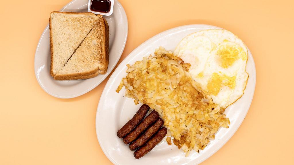 Sausage Breakfast · 4 sausage links, 3 eggs, choice of a breakfast side, and a bread side.
