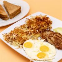 Sausage Patty Breakfast · 3 sausage patties, 3 eggs, choice of a breakfast side, and a bread side.