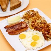 Polish Sausage Breakfast · 1 Polish sausage, 3 eggs, choice of a breakfast side, and a bread side.
