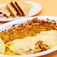 Bacon Mushroom Omelette · Crispy bacon bits, mushrooms, eggs, and melted Swiss & shredded cheddar cheeses. Comes with ...