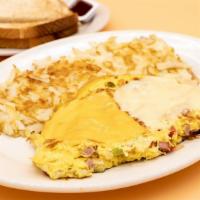 Denver Omelette · Ham, eggs, grilled onions, bell peppers, tomatoes, and melted shredded cheese. Comes with ch...