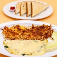 Spinach Swiss Omelette · Spinach, egg whites, and melted Swiss cheese. Comes with choice of a breakfast side and a br...