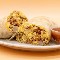 Happy Boy Breakfast Burrito · Crispy bacon, sausage, ham, eggs, fresh hashbrowns, and melted shredded cheese in a flour to...