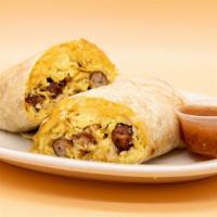 Sausage Breakfast Burrito · Sausage links, eggs, fresh hashbrowns, and melted shredded cheese in a flour tortilla.