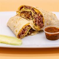 Pastrami Breakfast Burrito · Juicy pastrami, eggs, fresh hashbrowns, and melted shredded cheese in a flour tortilla.