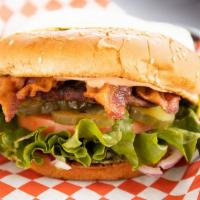 Bacon Burger · Bun, hamburger patty, crispy bacon, onions, lettuce, tomato, pickles, and our signature 1000...