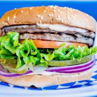 Double Burger · Bun, 2 hamburger patties, onions, lettuce, tomato, pickles, and our signature 1000 Island dr...
