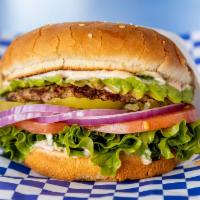Avocado Burger · Bun, hamburger patty, fresh avocado, onions, lettuce, tomato, pickles, and our signature 100...
