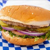 Hamburger · Bun, hamburger patty, onions, lettuce, tomato, pickles, and our signature 1000 Island dressi...