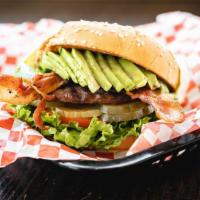Bacon Avocado Burger · Bun, hamburger patty, crispy bacon, fresh avocado, onions, lettuce, tomato, pickles, and our...