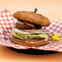 Mushroom Burger · Bun, hamburger patty, mushrooms, onions, lettuce, tomato, pickles, and our signature 1000 Is...