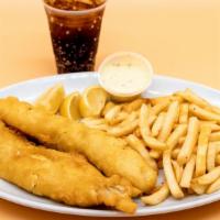 Fish & Chips Combo · 2 hand-breaded pollock filets, French fries, and a drink.