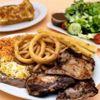 Pork Chops Dinner · 3 pork chops, onion rings, a dinner roll, choice of a soup or salad, and choice of a second ...