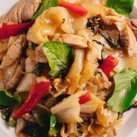 Pad Kee Mao (Drunken Noodle) · Choice of meat; Pan-fried flat noodles, green beans, onion, snow peas, red bell peppers, bas...