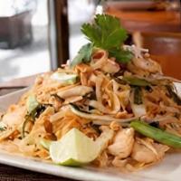 Pad Thai · Choice of meat; stir-fried noodles with eggs, tofu, bean sprouts, topped with crushed roaste...