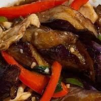 Eggplant Delight (No Rice) · Choice of meat; Eggplant with red bell pepper, onion, and basil