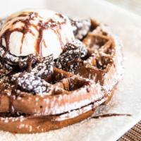 Chocolate Waffle Party · Chocolate Belgian waffle stuffed with housemade butter cream, topped with oreo cookies, whip...
