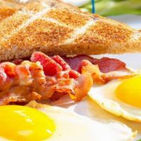 Breakfast #1 Bronze Plate · 2 slices of toast, 2 eggs, and 2 bacon. Choice of bread: White, Wheat, Sourdough, or Rye. Ad...