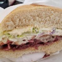 Beefeater (Large) · Corn beef, pastrami, roast beef, Swiss cheese, wasabi coleslaw & house Russian sauce.