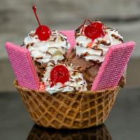 Three Marias · Three scoops of ice cream, whipped cream waffles cookies in waffle Bowl.