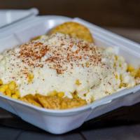 Tosti Esquites · Tostitos, Corn, Mayonnaise, Cotija Cheese and Chili.