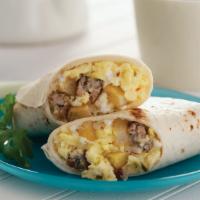 Hot Boar'S Head Sausage Breakfast Burrito · Our classic breakfast burrito, with eggs, pork sausage, cheese and jalapeno peppers.