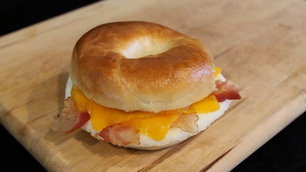 Hot Boar'S Head Bacon, Egg, & Cheese Bagel · Egg whites, bacon and cheese on wheat bagel.