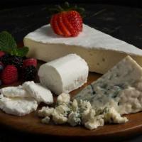 Soft Cheese Platter · Boar's Head Blue Cheese Crumble, Soft Brie Cheese, Chevre Goat Cheese, and Fresh Strawberrie...