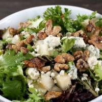 Pear And Gorgonzola Salad, Serves 1-2 · Mixed greens, fresh pear, gorgonzola, housemade roasted candied walnuts, with balsamic vinai...