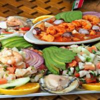 Fiesta Del Mar · One tostada mixta, one shrimp tostada, and one ceviche tostada served with fresh oysters and...