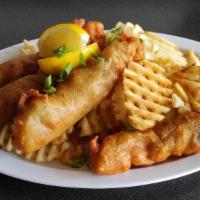 Fish & Chips · Waffle fries, cocktail & tartar sauce.