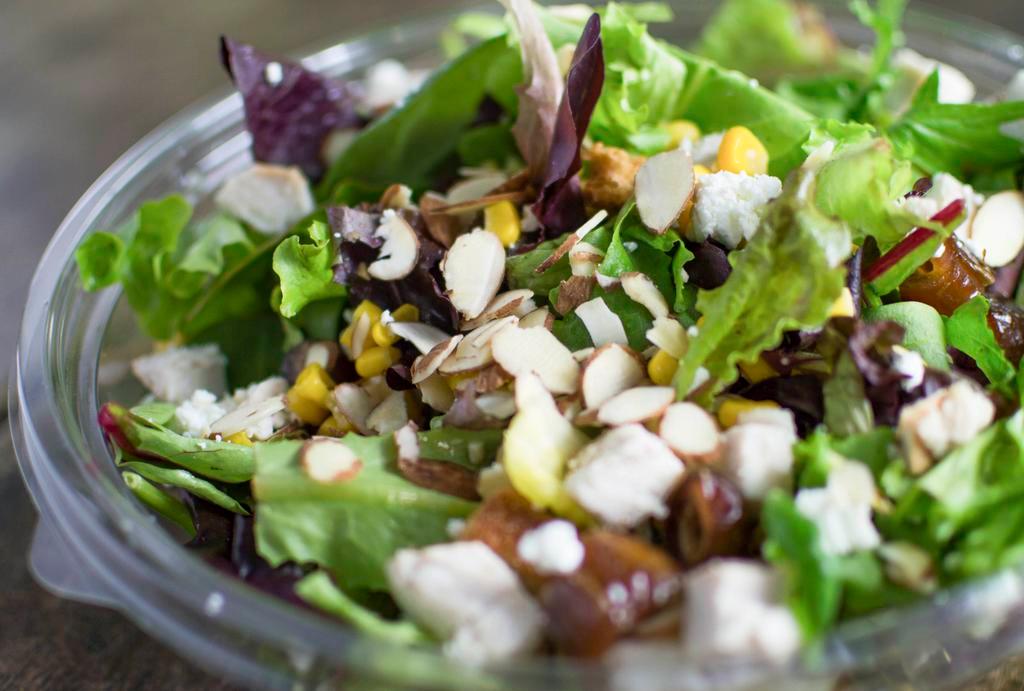 Sawtelle · Spring mix, romaine, roasted turkey, dates, roasted corn, goat cheese, sliced almonds, and croutons. Chef suggests tangy apple vinaigrette dressing.