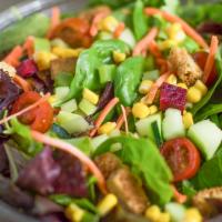 American Bounty · Spring mix, spinach, cucumber, tomato, roasted corn, beets, carrot, celery, and croutons. Ch...