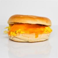 Bagel, Egg, & Cheddar · 2 scrambled eggs, melted Cheddar cheese, and Sriracha aioli on a toasted bagel.