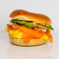 Bagel, Smoked Turkey, Avocado, Egg, & Cheddar · 2 scrambled eggs, melted Cheddar cheese, sliced smoked turkey, avocado, and Sriracha aioli o...