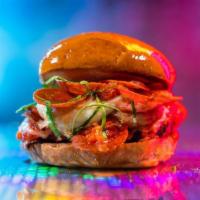 Za Burger · 6oz signature burger patty, pepperoni pizza, mozzarella, tomato sauce, parmesan, basil, brio...