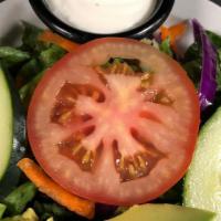Ensalada Verde/Green Salad · Bed of romain lettuce,shreded carrots,purple cabbage topped of with sliced tomato,sliced cuc...