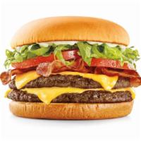 Supersonic® Bacon Double Cheeseburger · Cheese, Bacon two 100% beef patties, Lettuce, Tomato and Mayo