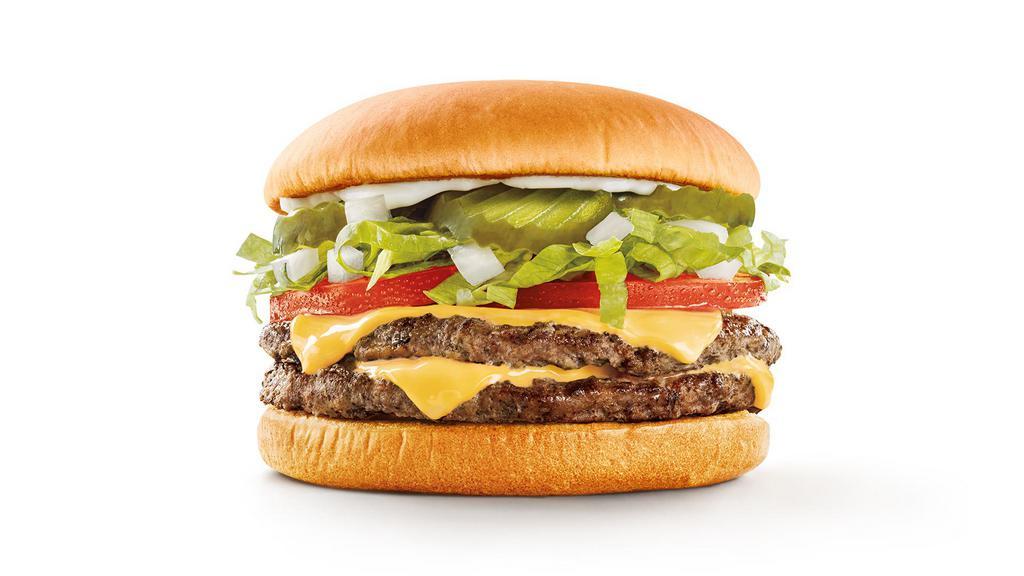 Supersonic Double Cheeseburger · Two perfectly seasoned 100% pure beef patties, layered with crinkle-cut pickles, two melty slices of American cheese, chopped onions, fresh shredded lettuce, and ripe tomatoes. Served with your choice of mustard, mayo, or ketchup.
