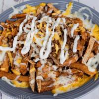 Asada Fries · French Fries,Monterey Shredded cheese,American Shredded Cheese,meat Choice, Mexican Sour Cre...