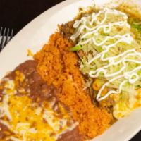 Enchiladas Verdes · 2 enchiladas with your choice of meat topped with chile Verde sauce, Jack cheese, sour cream...