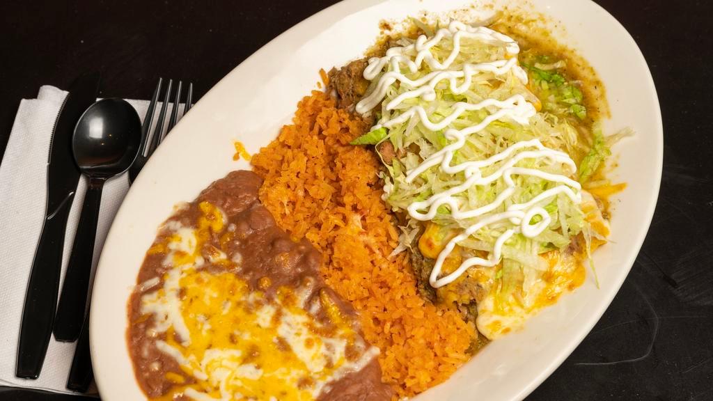Enchiladas Verdes · 2 enchiladas with your choice of meat topped with chile Verde sauce, Jack cheese, sour cream, and lettuce. Served with beans and rice.