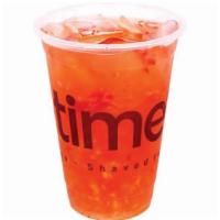 Peach Strawberry Fruit Tea · Peach and strawberry infused Jasmine green tea shaken with ice and served with freshly chopp...