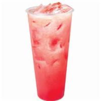 Strawberry Fruit Tea · Fresh strawberries blended with strawberry infused Jasmine green tea served over ice.