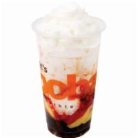 #3 Frosty Milk With Strawberry, Pudding & Boba · A milky ice blended beverage served with boba, egg pudding, and Strawberry puree drizzled on...