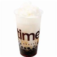 #1 Frosty Milk With Honey Boba · A milky ice blended beverage served with boba and brown sugar syrup drizzled on the sides.