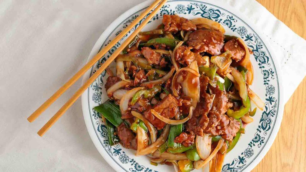 Mongolian Beef · Hot and spicy. Shredded scallion, onion, and bamboo shoot. stir-fried with chili sauce.